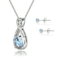 Стерлинг сребрена сина топаз и дијамант акцент бесконечност срцев приврзок ѓердан и обетки обетки