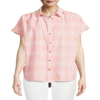 Време и време женска кошула со кратки ракави со ролна манжетна