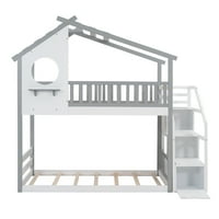 Аука куќа кревет кревет, дрвен близнак над креветот близнак со скали за складирање и покрив за деца, момчиња и девојчиња, сива