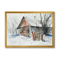 DesignArt „Стара напуштена дрвена куќа во зимска снежна слика“ Традиционална врамена уметничка печатење
