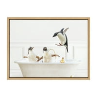 Кејт и Лорел Силви Пингвини во меур бања неутрален стил врамени платно wallидна уметност од Ејми Петерсон