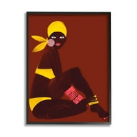 Womanена седи жолта костим за капење Апстрактна графичка уметност црна врамена уметничка печатена wallидна